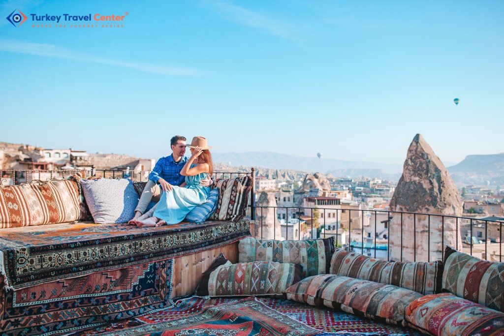 Happy couple in Cappadocia. Couple travels the world. Hot air balloon flights.