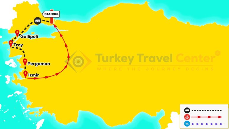 Gallipoli Troy & Pergamon Tour Map