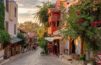 Beautiful street in the Kas old town with boutique shops at sunset, Turkey