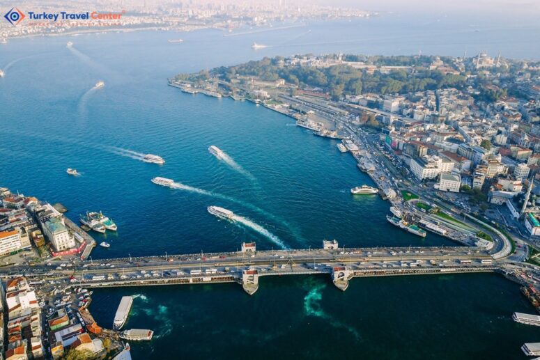 Bird's-Eye View of Galata Bridge: Aerial Photography.