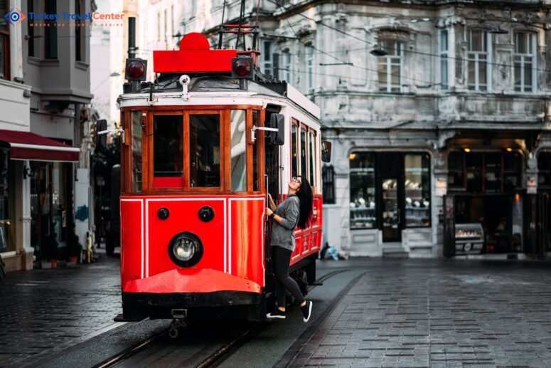Girl in a vintage tram on the Taksim Istiklal street in Istanbul