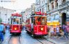 Old red trams on stiklal Avenue, Istanbul, Turkey