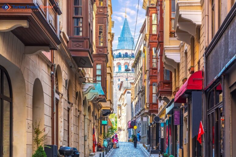 Galata Tower in Istanbul, view from the narrow street