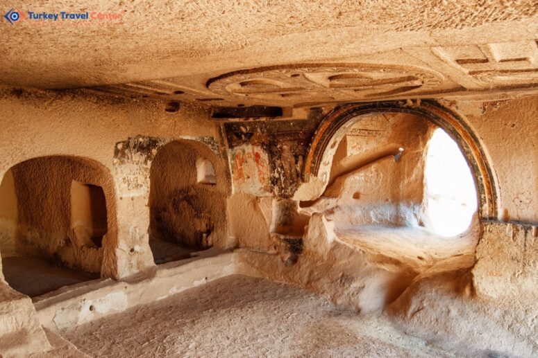 Awesome interior of ancient rock-cut temple, Cappadocia, Turkey