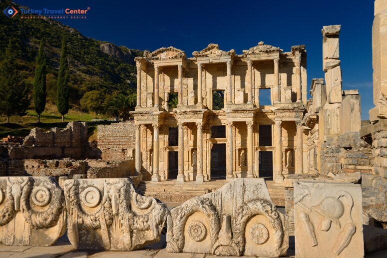 Ruins Surrounding the Library of Celsus - A Glimpse from the Marble Street in Ancient Ephesus, Turkey.