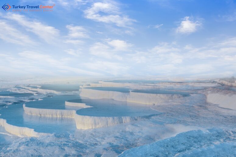 Nature's Sculptures: Pamukkale's Enchanting Travertine Pools and Terraces in Turkey.