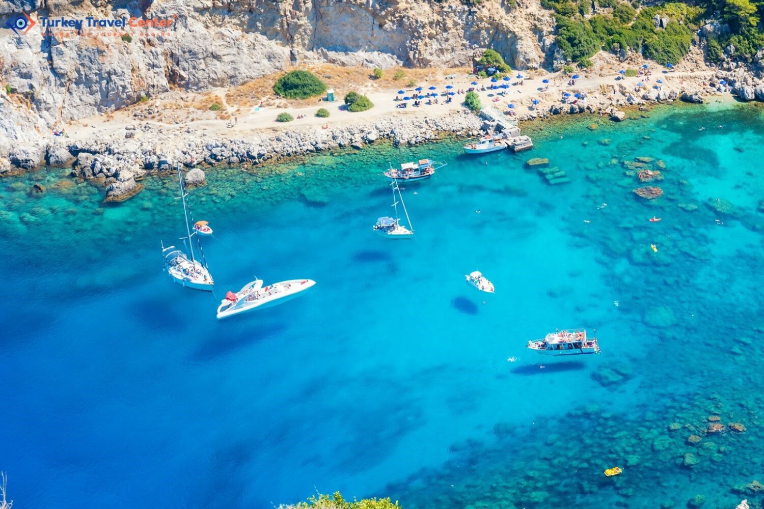 Aerial view of Anthony Quinn bay with boats (Rhodes, Greece)